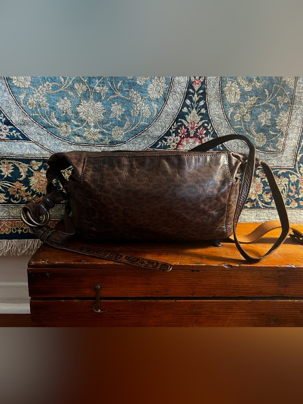Frye & Co Genuine Leather Leopard Print Hobo Shoulder Bag Brass Hardware